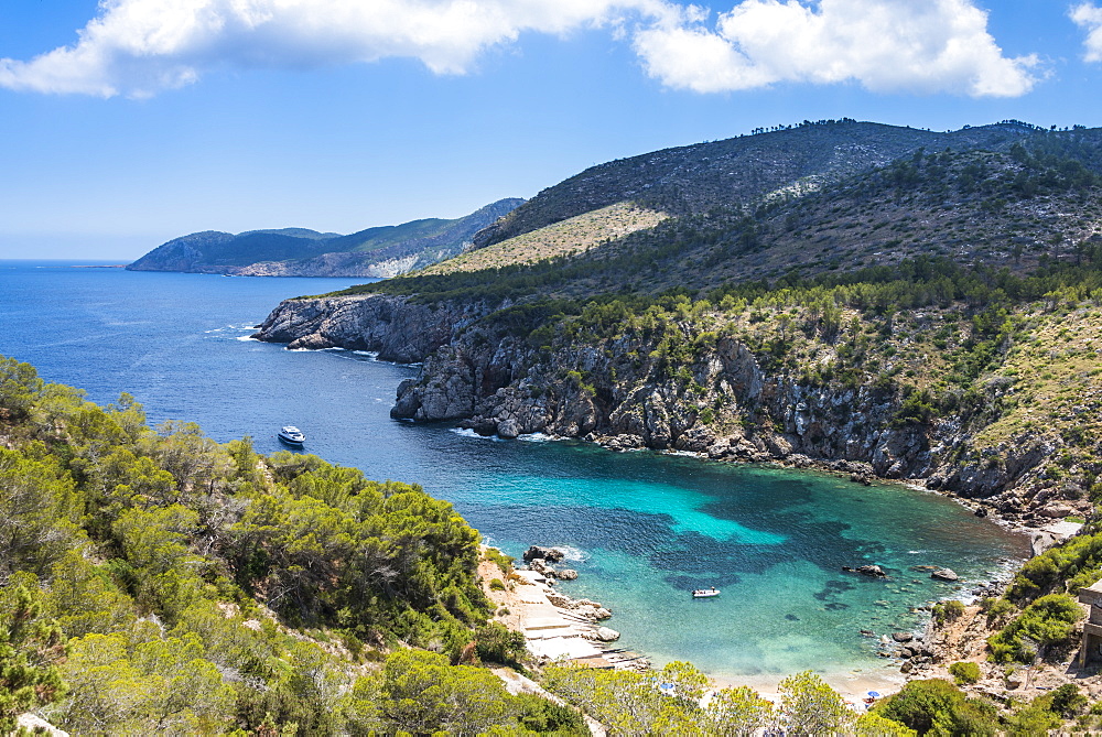 Coastline over Cala D'en Serra beach, Ibiza, Balearic Islands, Spain, Mediterranean, Europe