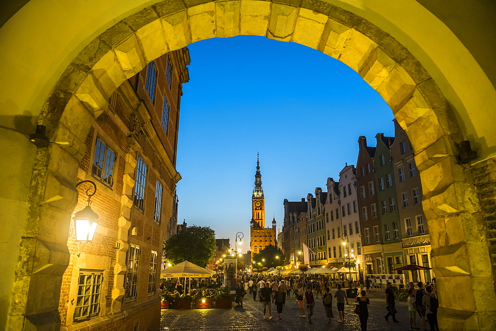 Hanseatic League houses with the town hall after sunset in the pedestrian zone of Gdansk, Poland, Europe