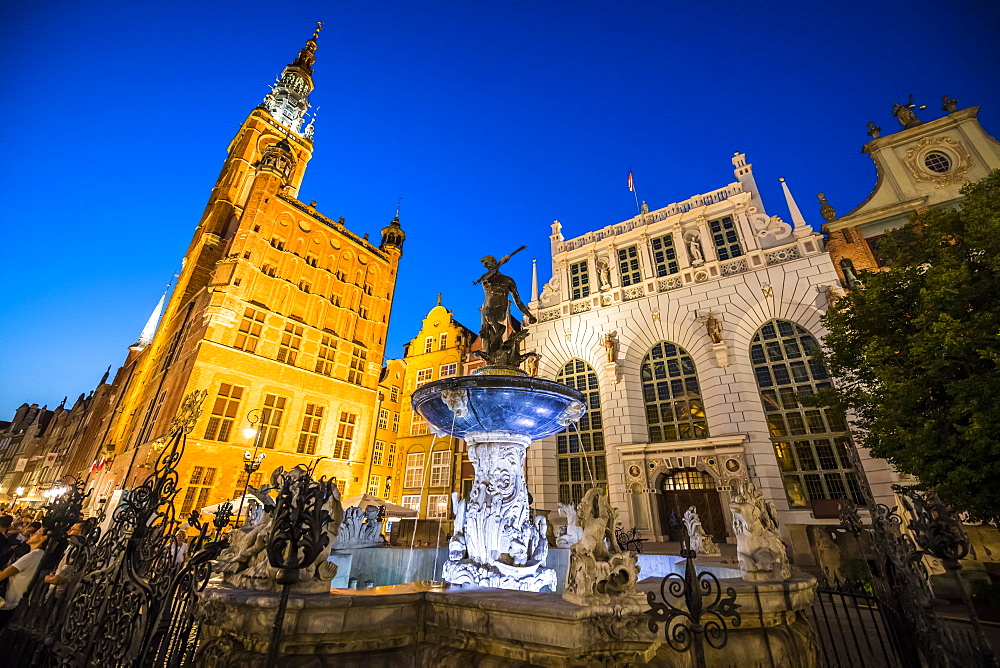 Hanseatic League houses with the town hall after sunset in the pedestrian zone of Gdansk, Poland, Europe