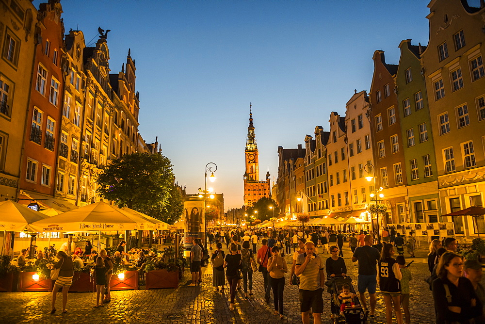 Hanseatic League houses with the town hall after sunset in the pedestrian zone of Gdansk, Poland, Europe