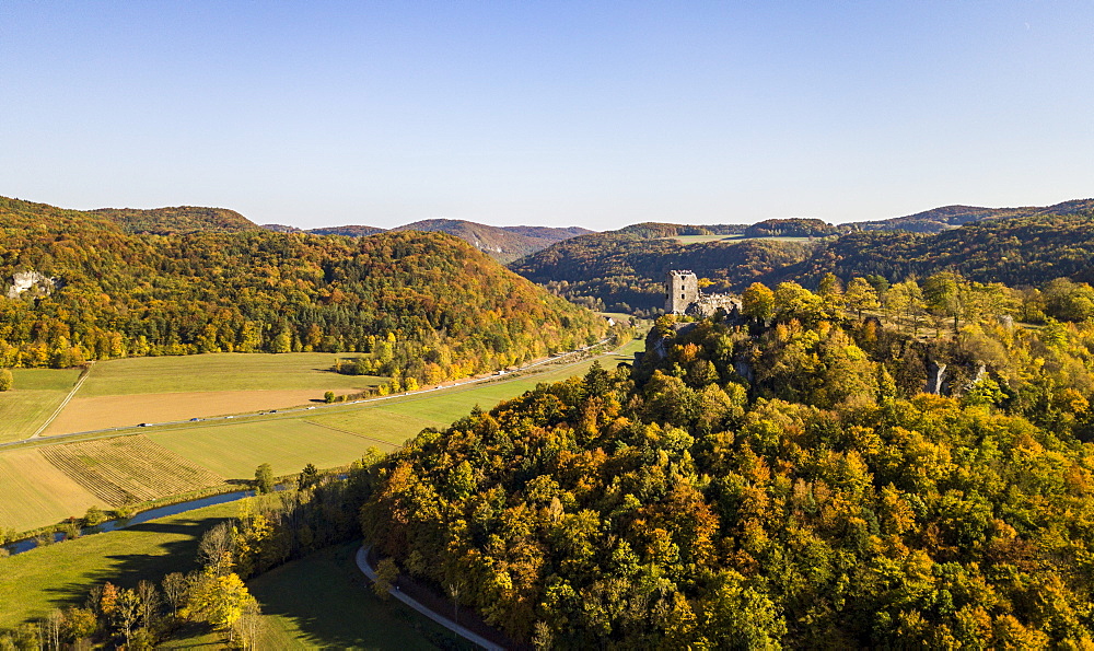 Aerial of castle Neideck in autumn, Streitberg, Franconian Switzerland, Bavaria, Germany, Europe