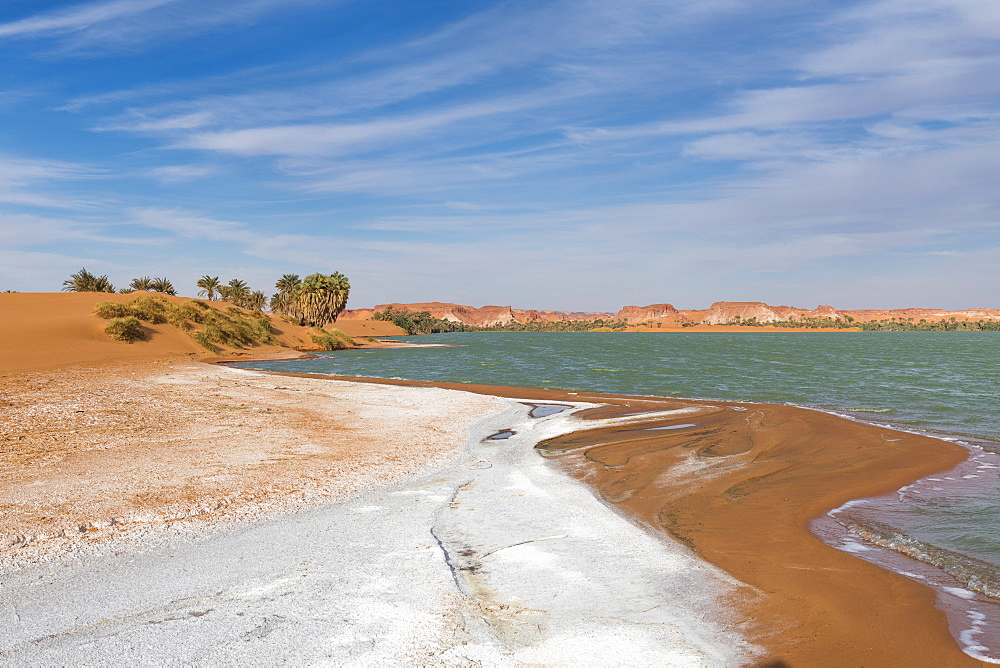 Salt crust at the shores of Ounianga Kebir part of the Ounianga lakes, UNESCO World Heritage Site, northern Chad, Africa