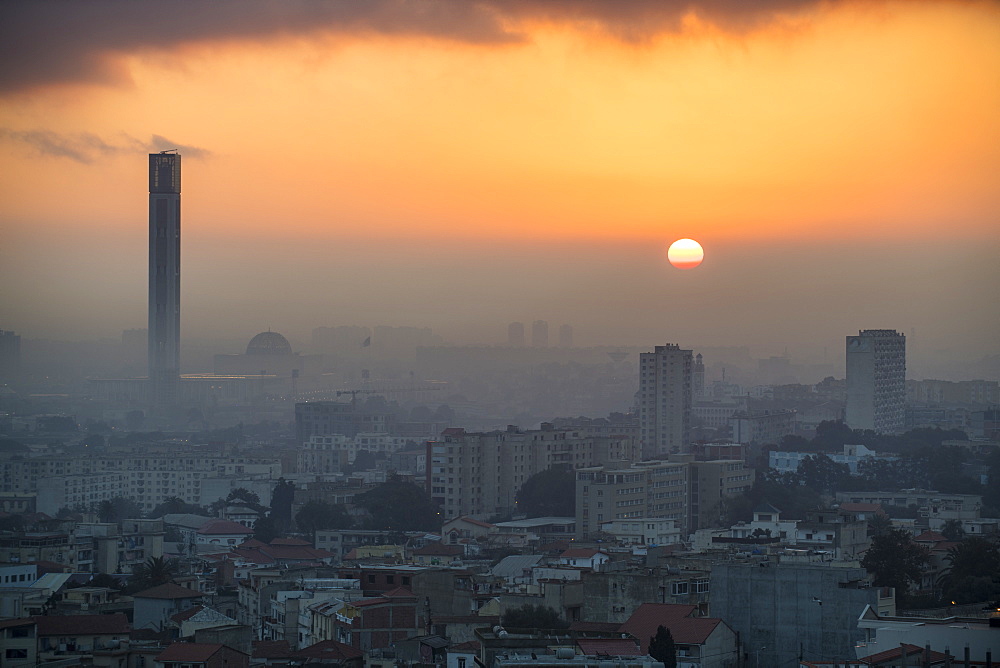 Sunrise over Algiers with the largest minaret in the world, Algiers, Algeria, North Africa, Africa