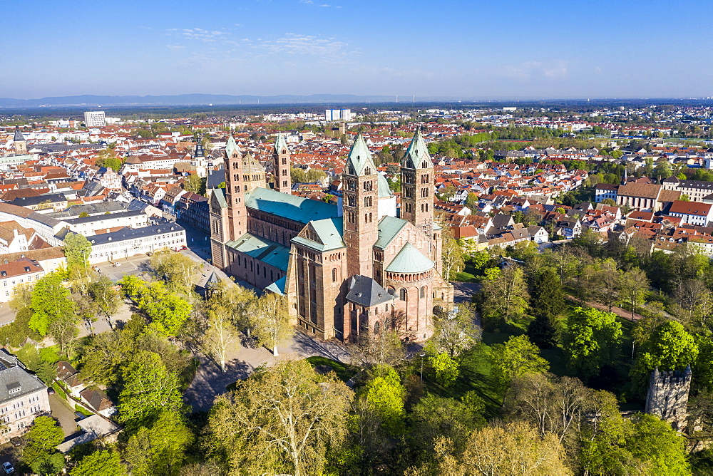 Aerial of Speyer Cathedral, UNESCO World Heritage Site, Speyer, Germany, Europe