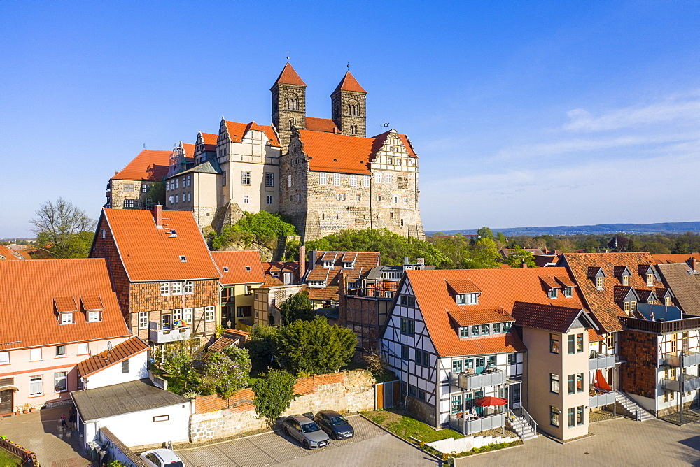 Aerial of the town of Quedlinburg, UNESCO World Heritage Site, Saxony-Anhalt, Germany, Europe