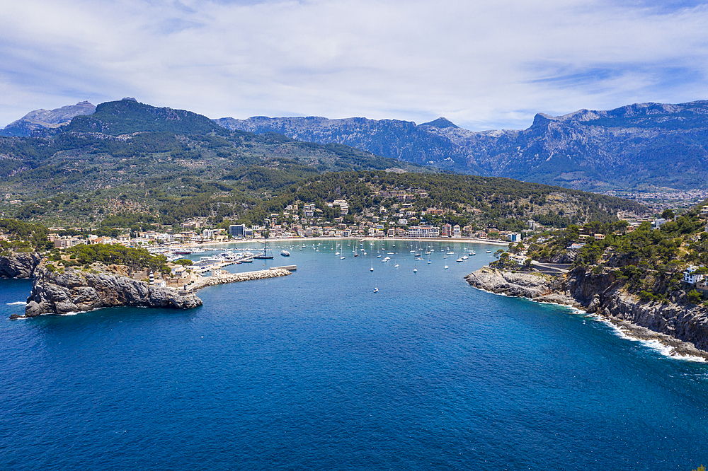 Aerial by drone of Port de Soller, Mallorca, Balearic Islands, Spain, Mediterranean, Europe