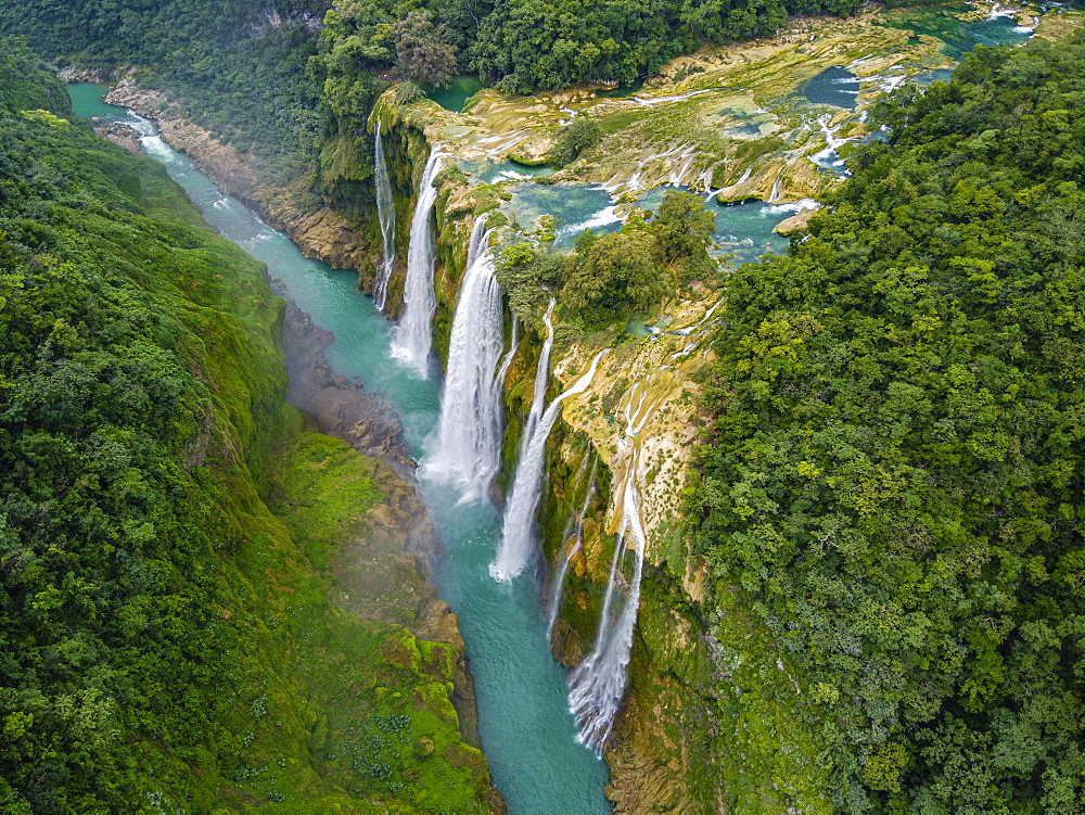 Aerial of the Tamul waterfalls, Huasteca Potosi, San Luis Potosi, Mexico, North America