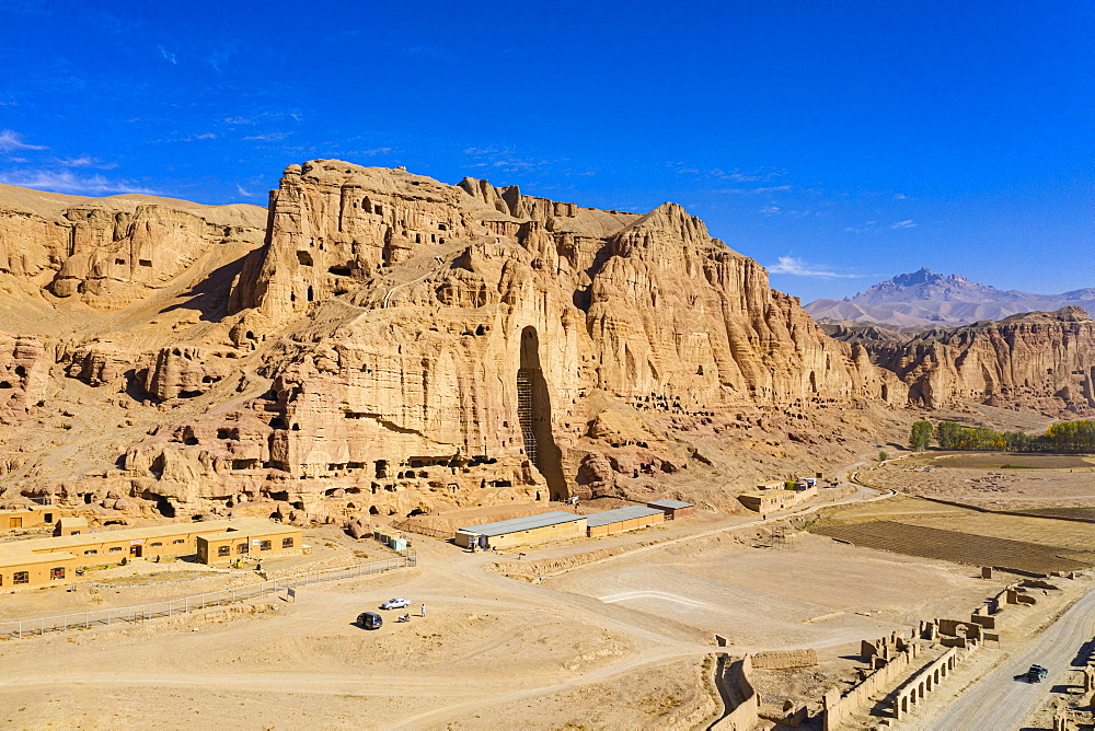 Aerial by drone of the site of the great Buddhas in Bamyan (Bamiyan), taken in 2019, post destruction, Afghanistan, Asia