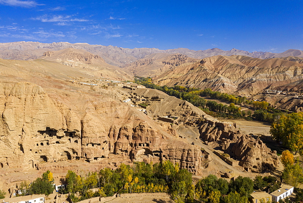 Aerial by drone of the site of the great Buddhas in Bamyan (Bamiyan), taken in 2019, post destruction, Afghanistan, Asia