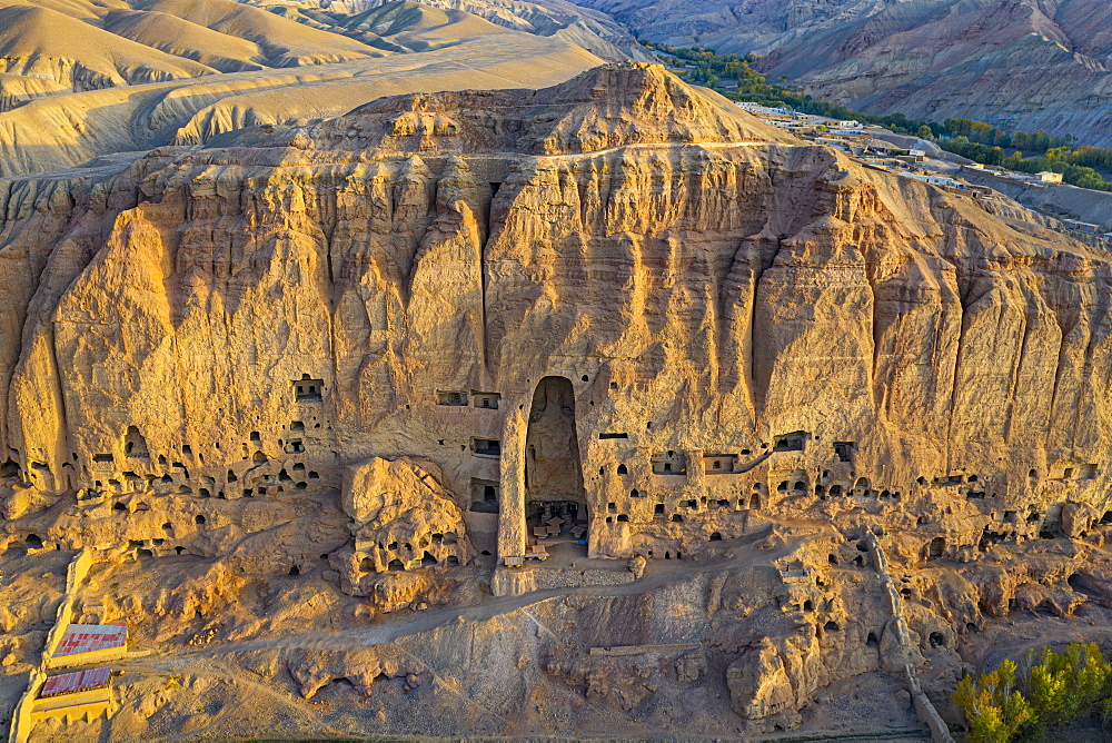 Aerial by drone of the site of the great Buddhas in Bamyan (Bamiyan), taken in 2019, post destruction, Afghanistan, Asia