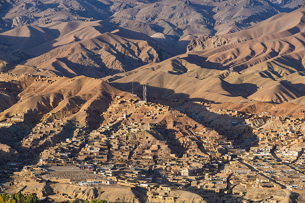 View by drone over Bamyan, Shahr-e Gholghola (City of Screams) ruins, Bamyan, Afghanistan, Asia