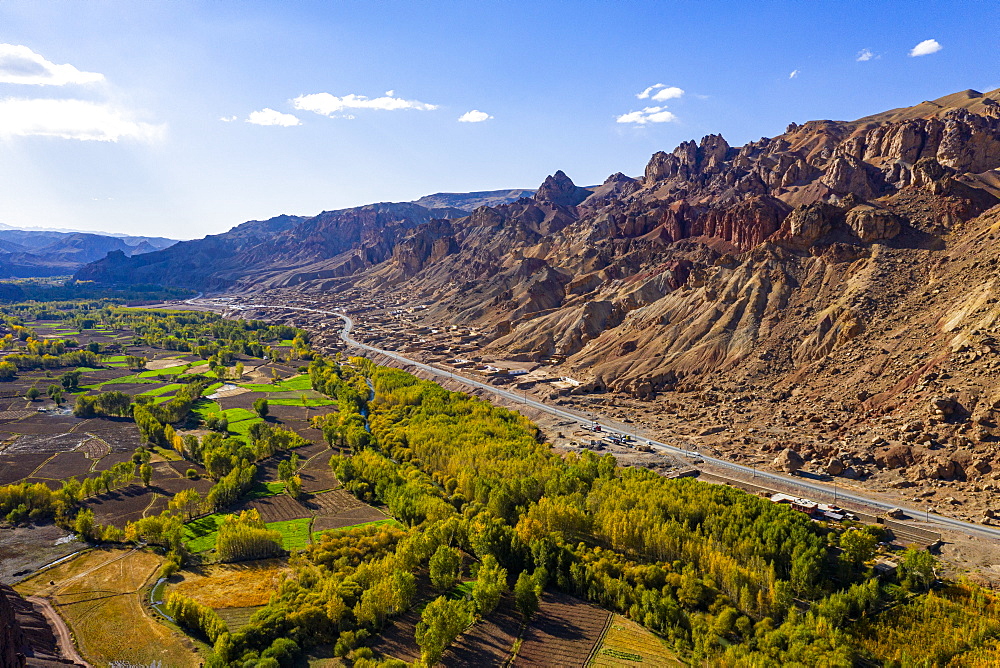 Aerial by drone of Shahr-e Zuhak. the red city, Bamyan, Afghanistan, Asia