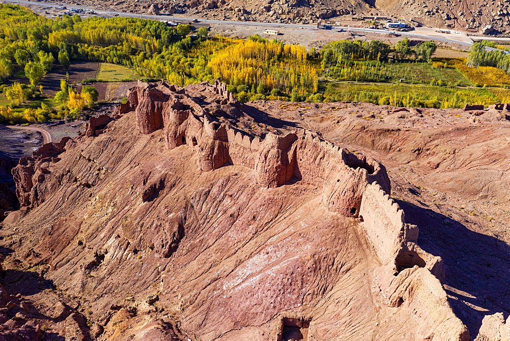 Aerial by drone of Shahr-e Zuhak. the red city, Bamyan, Afghanistan, Asia