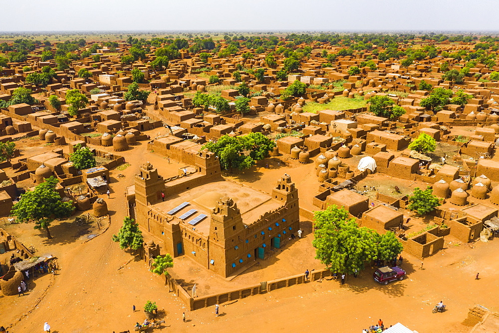 Aerial by drone of the central Mosque in the Hausa village of Yaama, Niger, West Africa, Africa