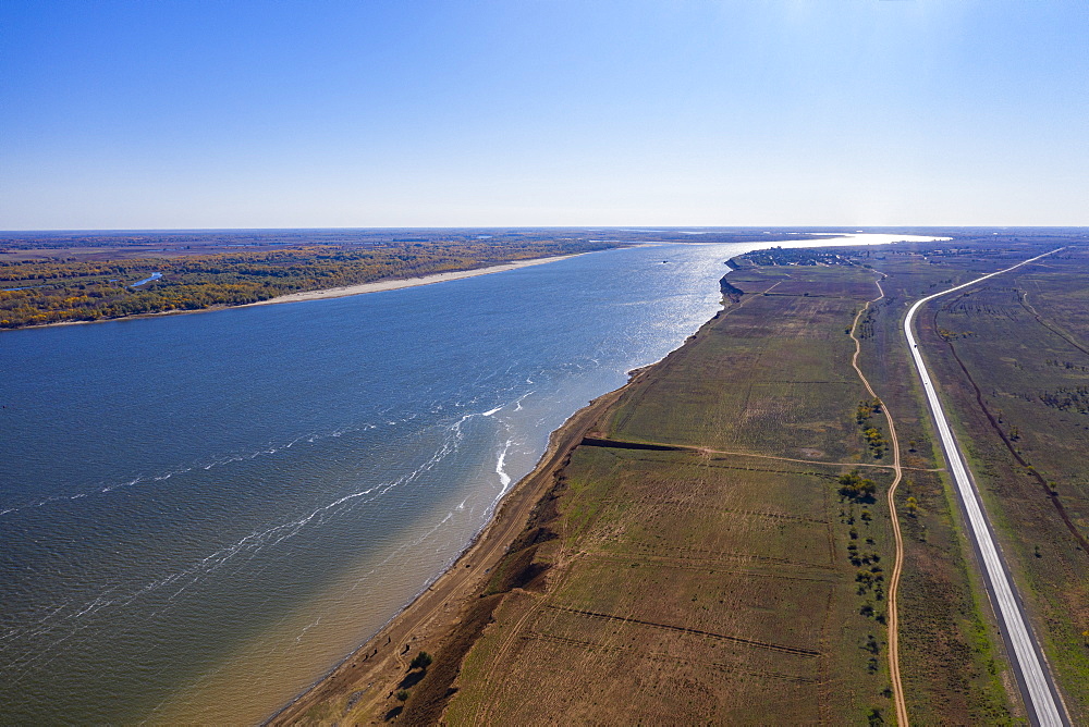 Aerial by drone of the Volga river, Astrakhan Oblast, Russia, Eurasia