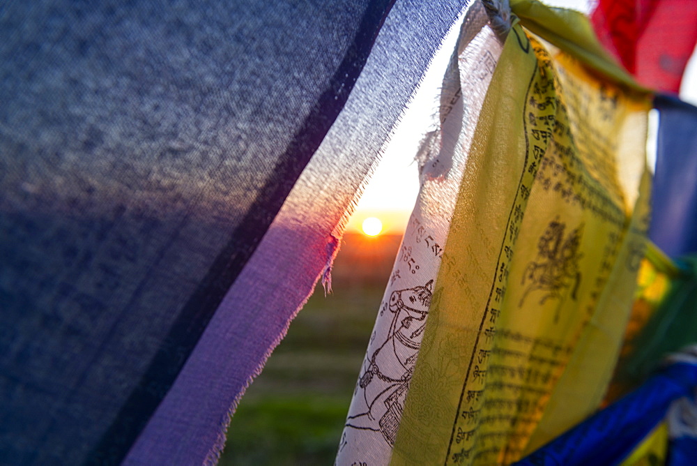 Buddhist prayer flags at the Geden Sheddup Choikorling Monastery, Elista, Republic of Kalmykia, Russia, Eurasia