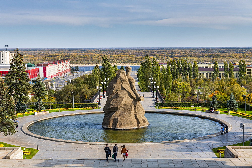 Huge pool with a giant statute on Mamayev Kurgan, Volgograd, Volgograd Oblast, Russia, Eurasia