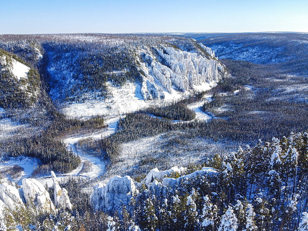 Aerial of Lena Pillars, UNESCO World Heritage Site, Sakha Republic (Yakutia), Russia, Eurasia