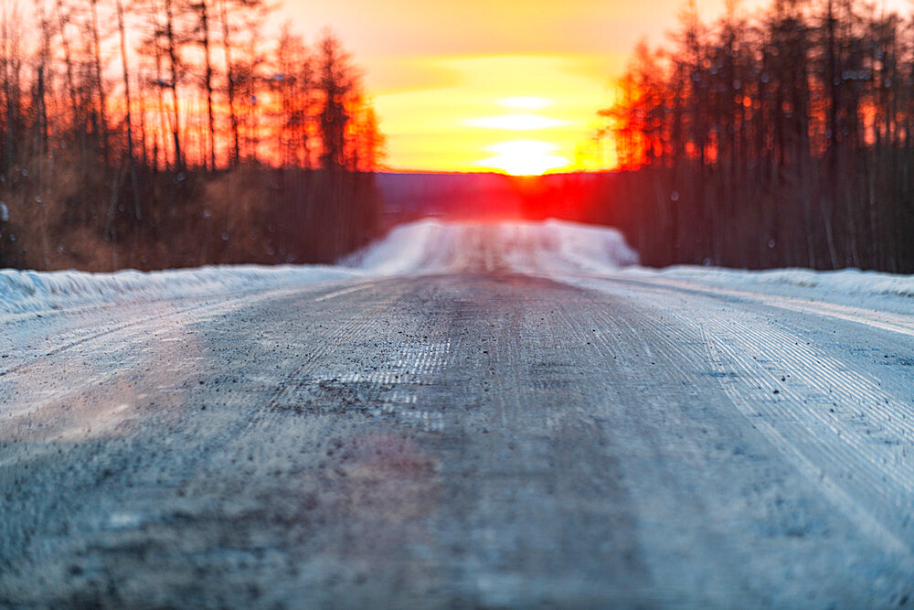 Sunset on the Road of Bones, Sakha Republic (Yakutia), Russia, Eurasia