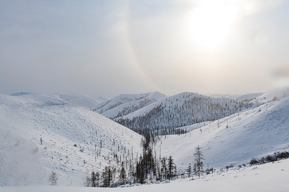 Snow covered mountain pass, Suntar-Khayata mountain Range, Road of Bones, Sakha Republic (Yakutia), Russia, Eurasia