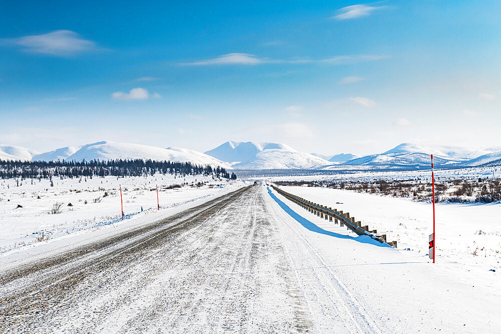 Snow covered mountains along the Road of Bones, Magadan Oblast, Russia, Eurasia