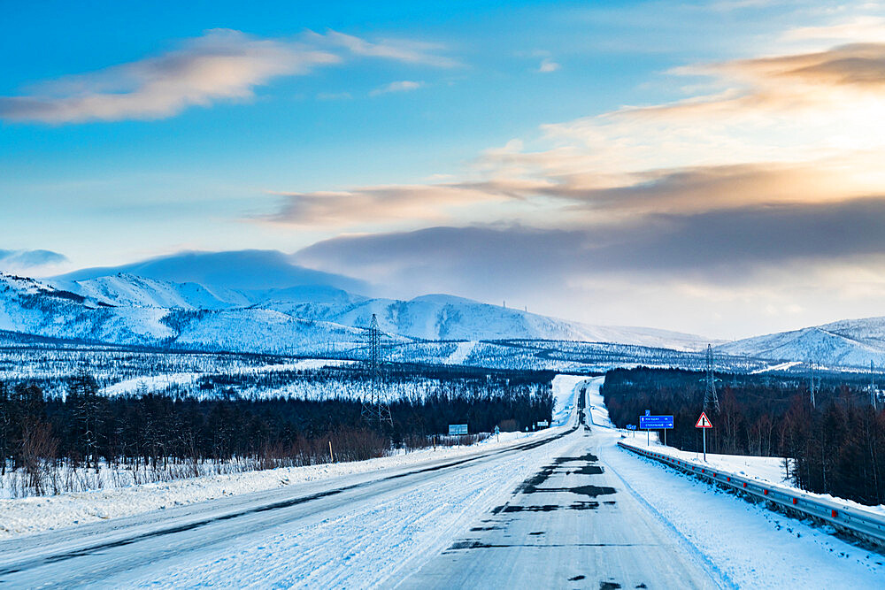 Snow covered mountains along the Road of Bones, Magadan Oblast, Russia, Eurasia