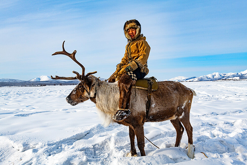 Evenk boy sitting on a reindeer, Oymyakon, Sakha Republic (Yakutia), Russia, Eurasia