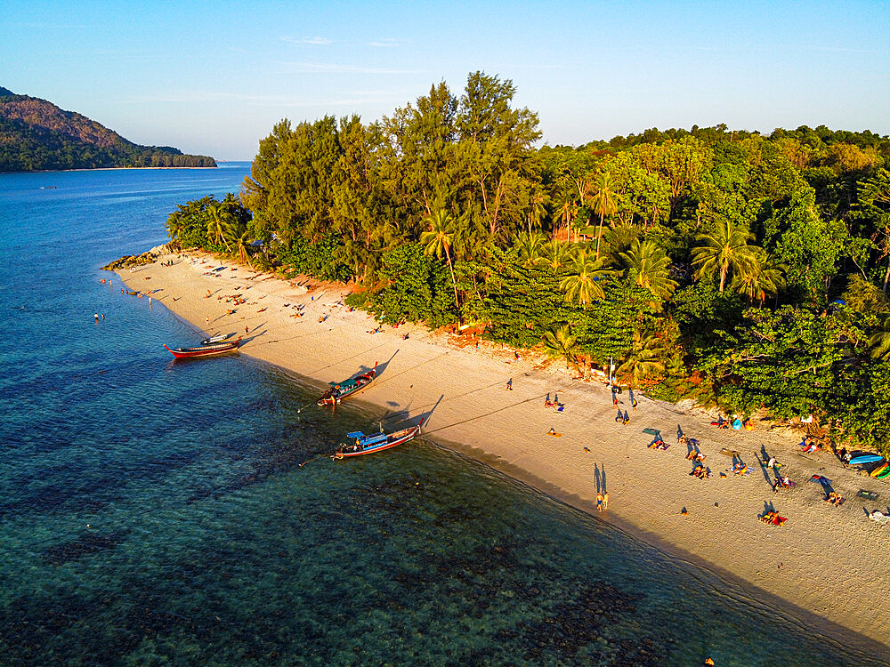 Aerial of the Sunset Beach, Koh Lipe, Tarutao National Park, Thailand, Southeast Asia, Asia