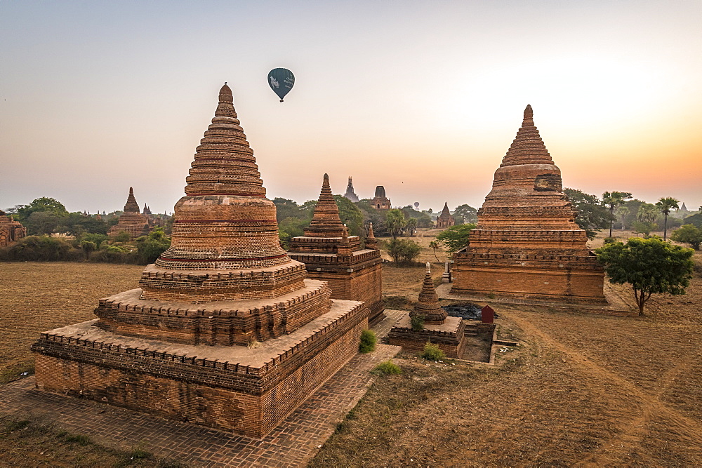 Hot air balloon over Bagan at sunrise, Bagan (Pagan), Myanmar (Burma), Asia