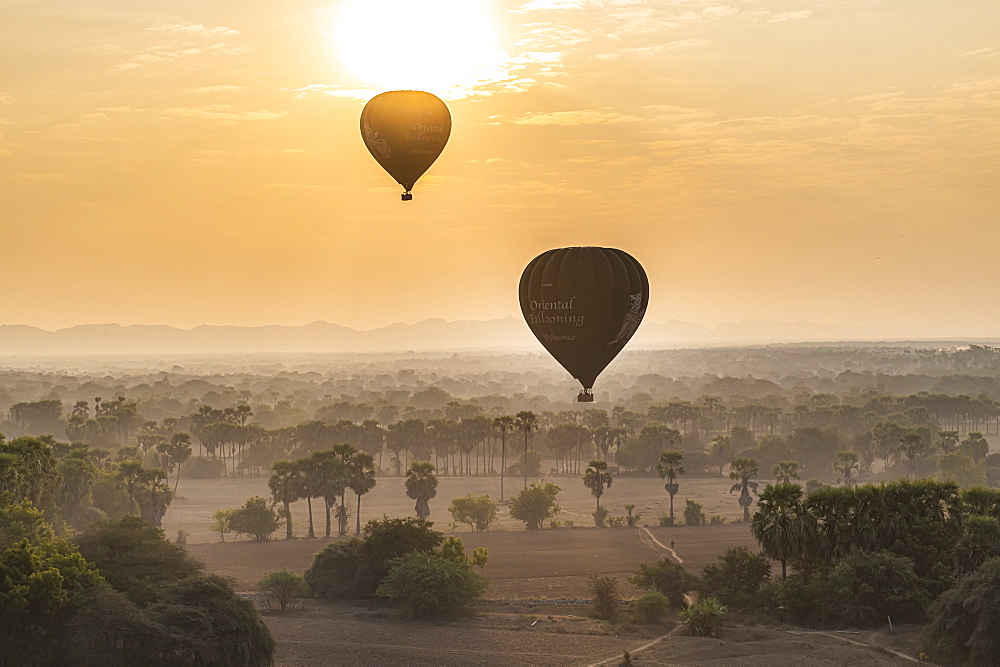 Hot air balloons at sunrise over temples of Bagan (Pagan), Myanmar (Burma), Asia