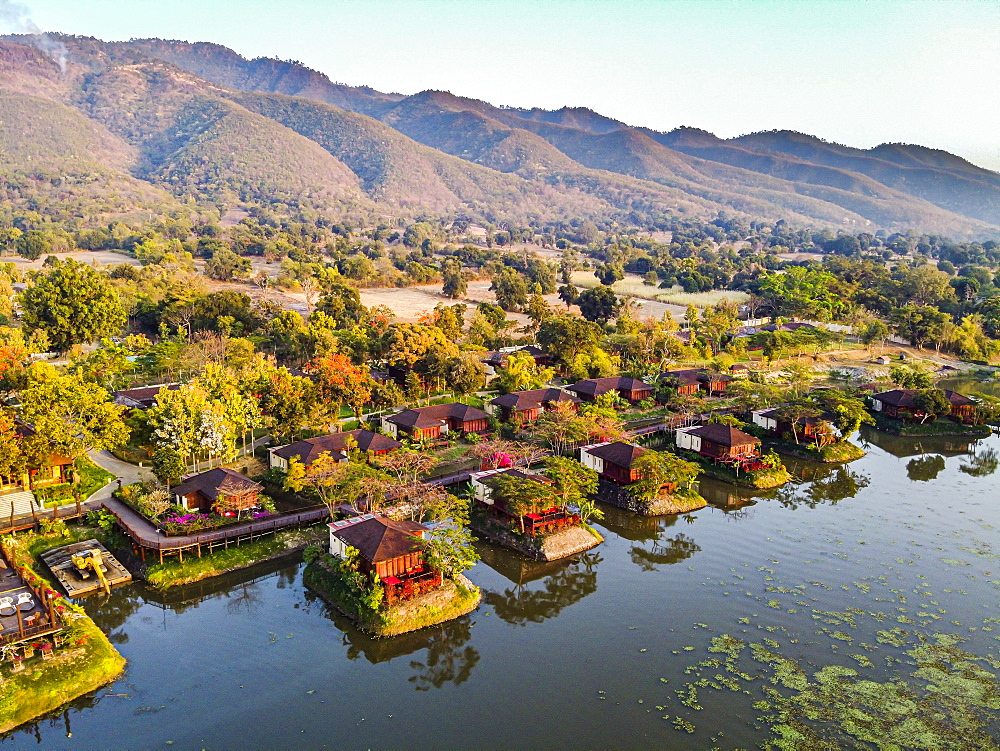 Aerial by drone of of overwater bungalows, Inle Lake, Shan state, Myanmar (Burma), Asia