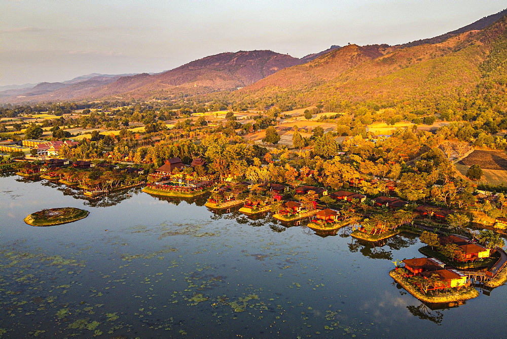 Aerial by drone of the overwater bungalows at the shores of Inle Lake, Shan state, Myanmar (Burma), Asia