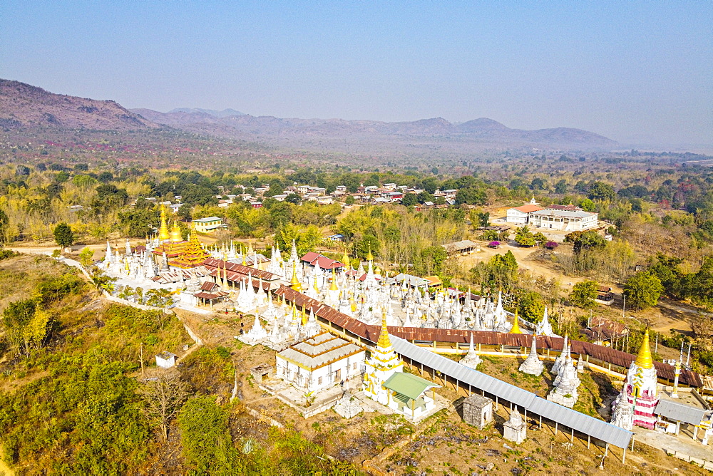 Aerial view by drone of pagodas, Inle Lake, Shan state, Myanmar (Burma), Asia