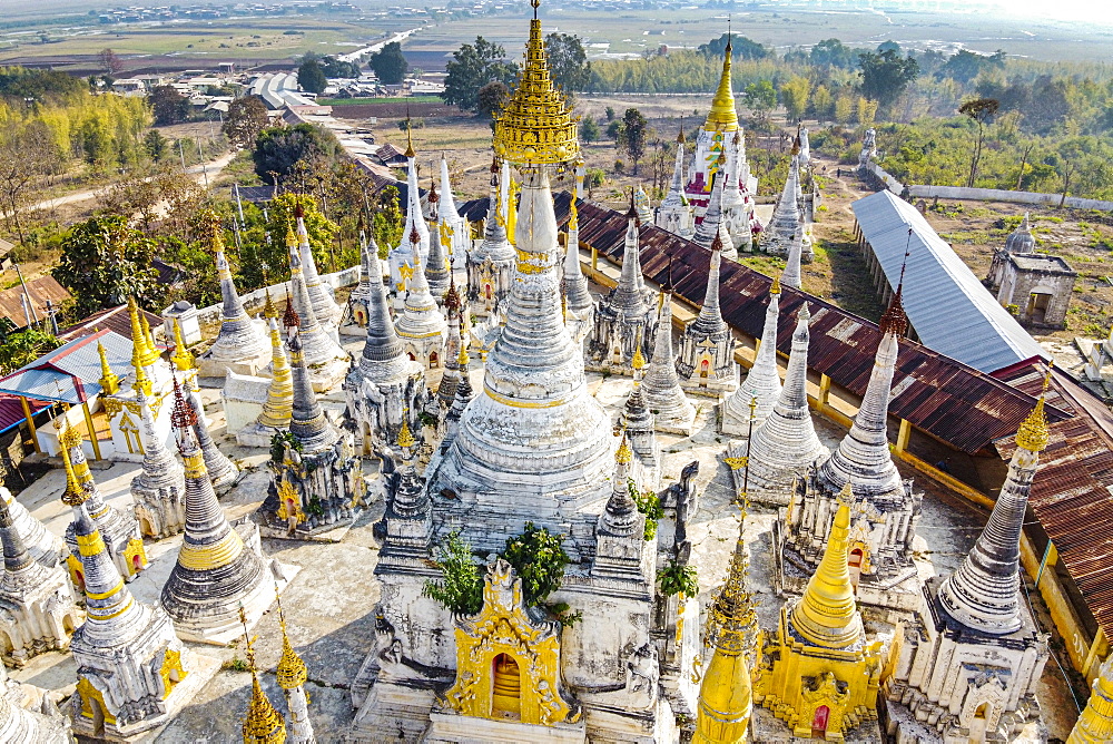 Aerial view by drone of pagodas, Inle Lake, Shan state, Myanmar (Burma), Asia