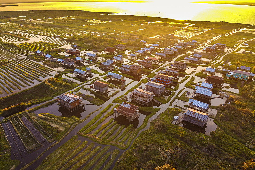 Aerial by drone of a village on stilts, Inle Lake, Shan state, Myanmar (Burma), Asia