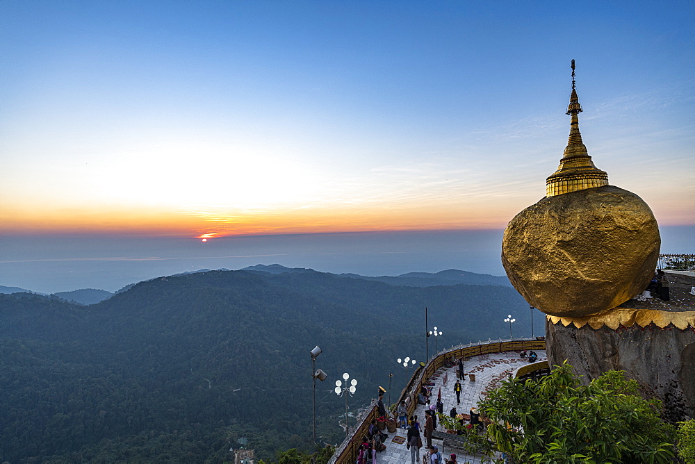 Kyaiktiyo Pagoda (Golden Rock) at sunset, Mon state, Myanmar (Burma), Asia