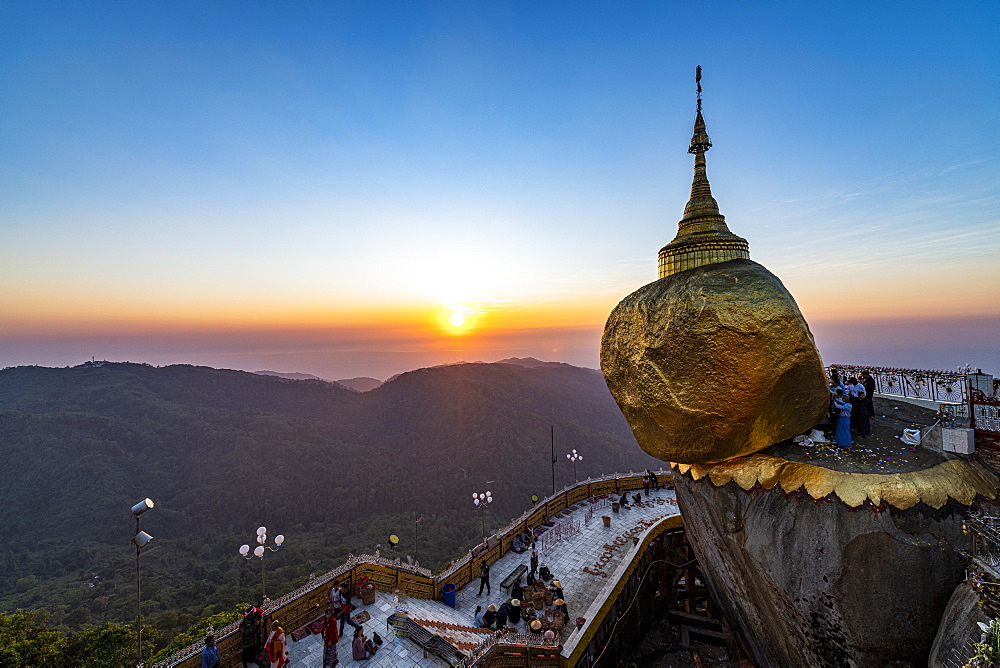 Kyaiktiyo Pagoda (Golden Rock) at sunset, Mon state, Myanmar (Burma), Asia