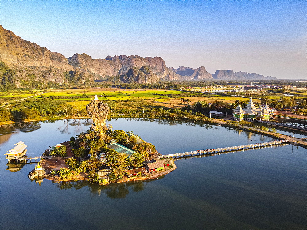 Aerial of the Kyauk Kalap pagoda, Hpa-An, Kayin state, Myanmar (Burma), Asia