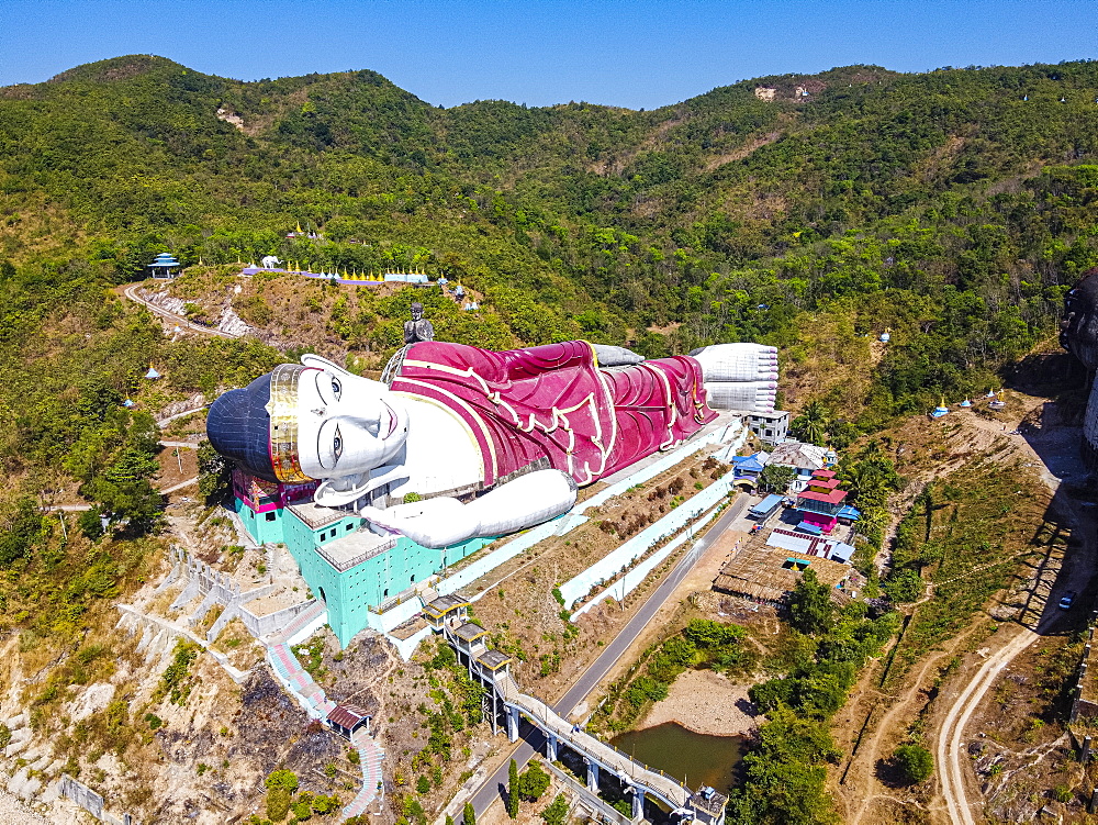 Aerial by drone of a giant reclining Buddha in Win Sein Taw Ya outside Mawlamyine, Mon state, Myanmar (Burma), Asia