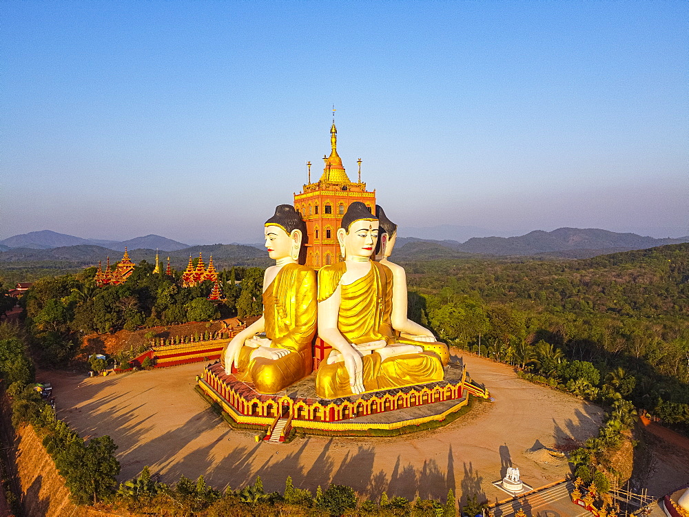 Aerial by drone of the huge sitting Buddhas, Ko Yin Lay, Pupawadoy Monastery near Ye, Mon state, Myanmar (Burma), Asia