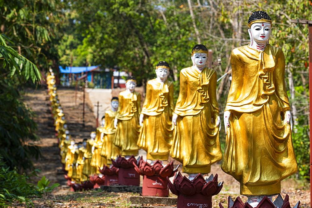 Long line of golden Buddhas lining up to Shwemawdaw Paya, Kyaing Ywar near Ye, Mon state, Myanmar (Burma), Asia