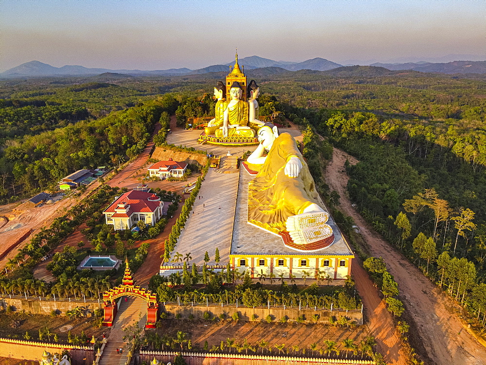 Aerial of the huge sitting and reclining Buddhas, Ko Yin Lay, Pupawadoy Monastery near Ye, Mon state, Myanmar (Burma), Asia