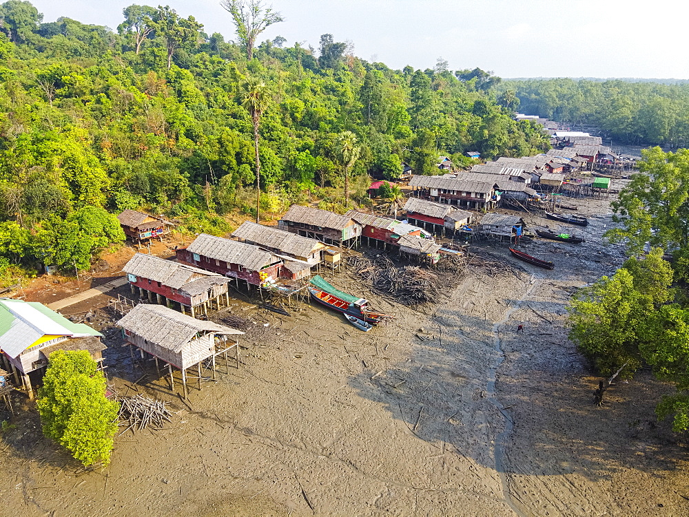 Aerial by drone of Fishing village on stilts in the mangroves of the Mergui (Myeik) Archipelago, Myanmar (Burma), Asia