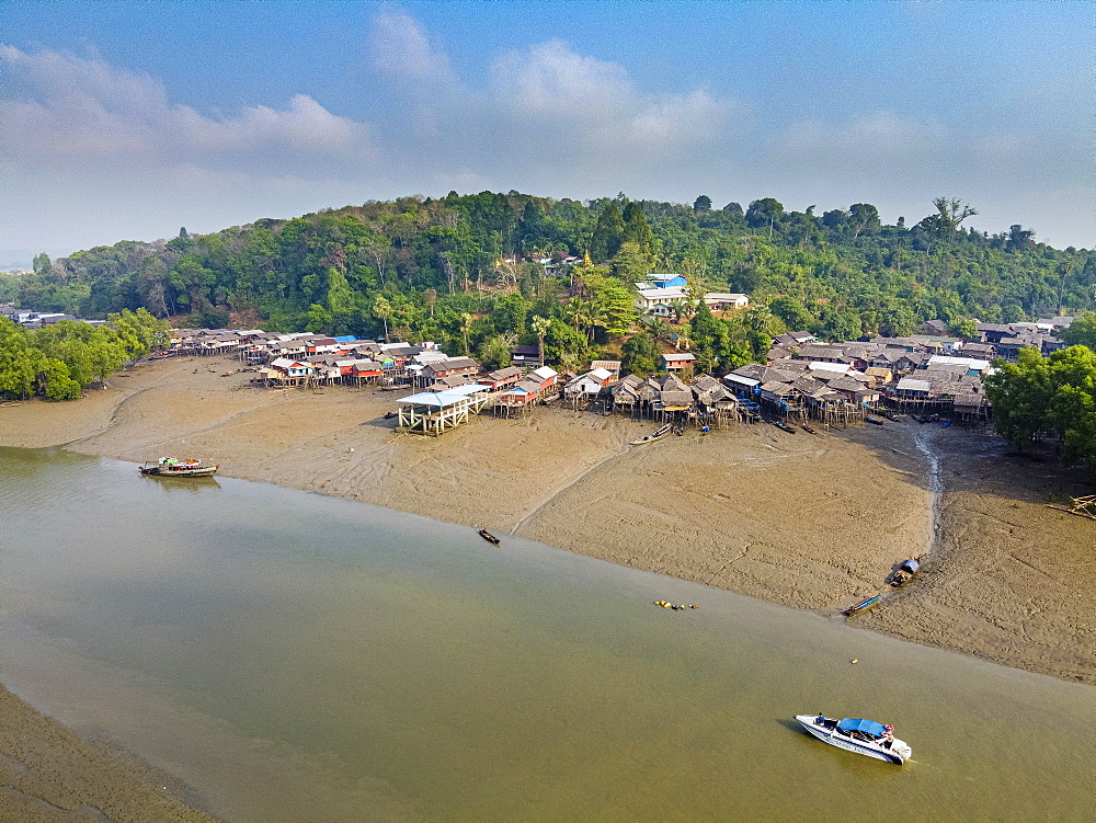 Aerial by drone of Fishing village on stilts in the mangroves of the Mergui (Myeik) Archipelago, Myanmar (Burma), Asia