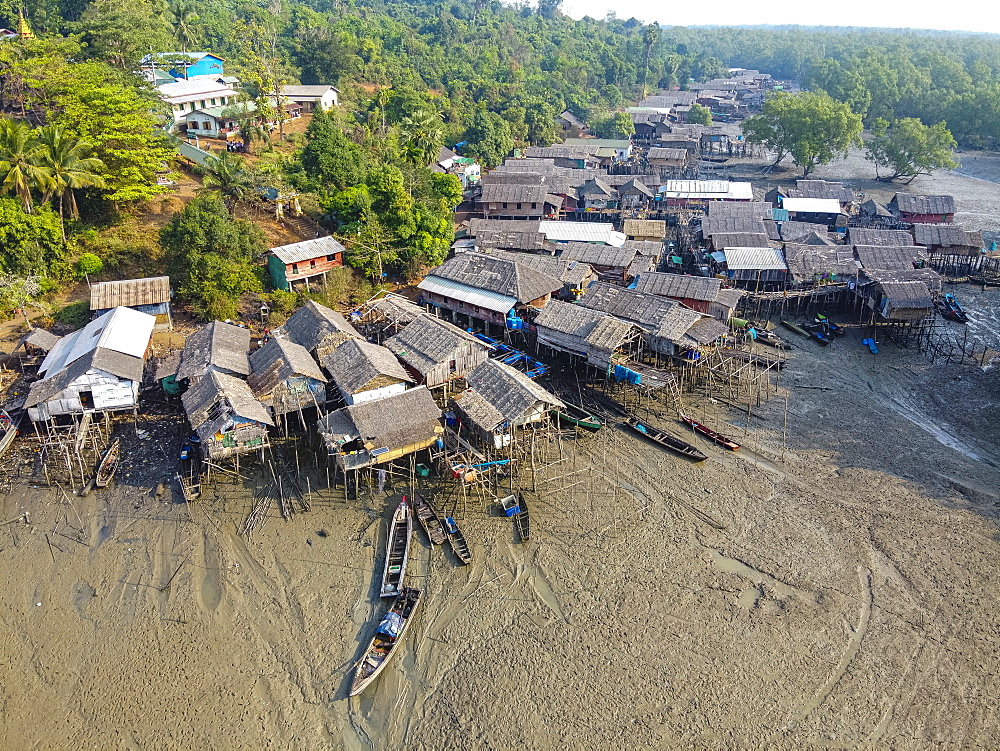 Aerial by drone of Fishing village on stilts in the mangroves of the Mergui (Myeik) Archipelago, Myanmar (Burma), Asia