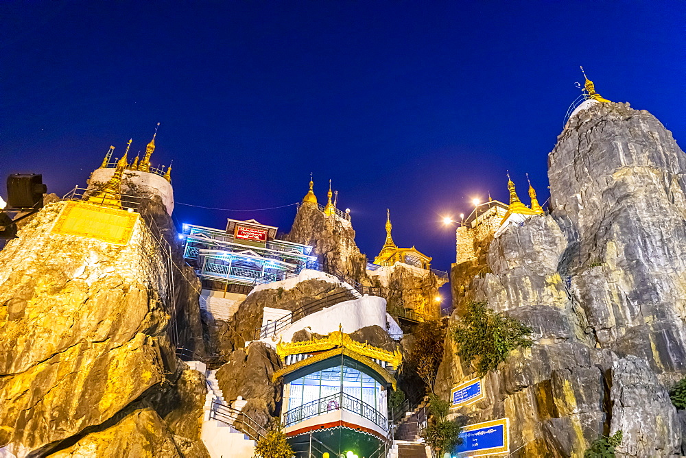 Taung Kew Paya built on rocks, after sunset, Loikaw, Kayah state, Myanmar (Burma), Asia