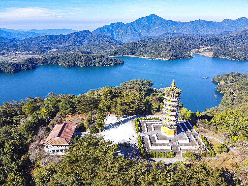 Aerial by drone over the Ci'en Pagoda and Sun Moon Lake, National Scenic Area, Nantou county, Taiwan, Asia