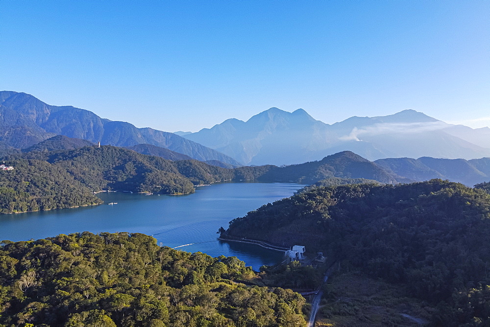 Aerial by drone over Sun Moon Lake, National Scenic Area, Nantou county, Taiwan, Asia