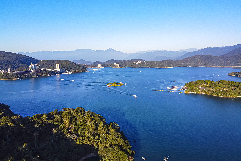 Aerial by drone over Sun Moon Lake, National Scenic Area, Nantou county, Taiwan, Asia