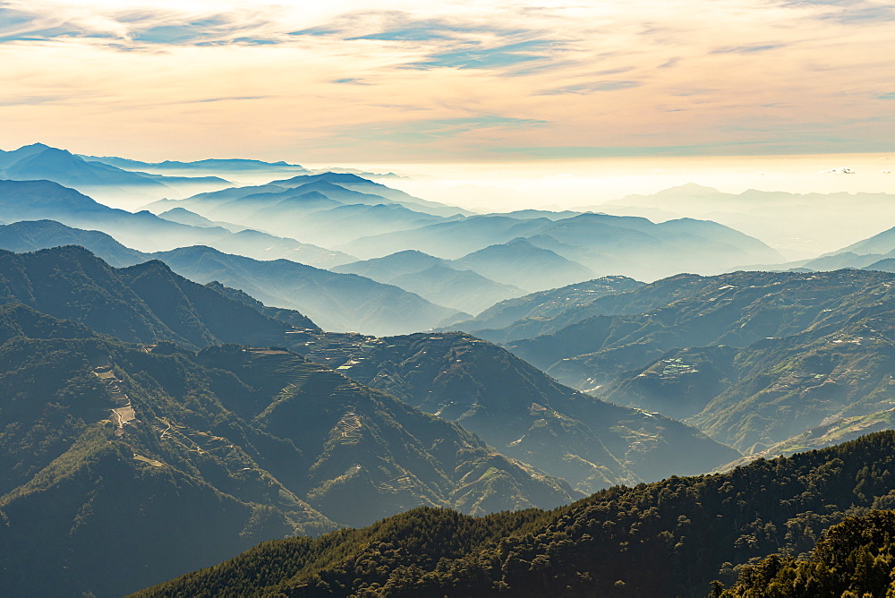 Hazy picturesque highlands of Nantou County, Taiwan, Asia